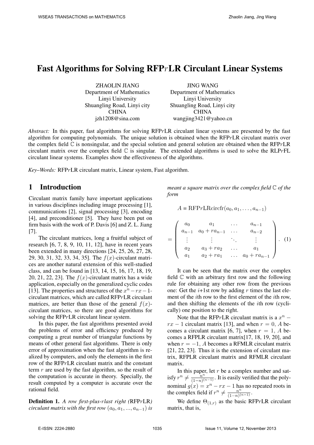 Fast Algorithms for Solving Rfpгlr Circulant Linear Systems