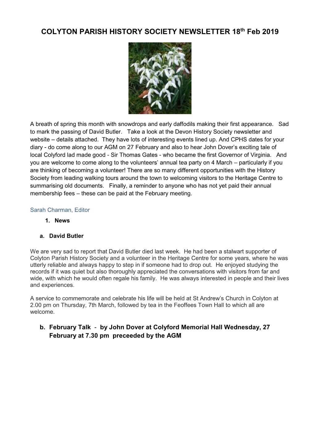 COLYTON PARISH HISTORY SOCIETY NEWSLETTER 18Th Feb 2019