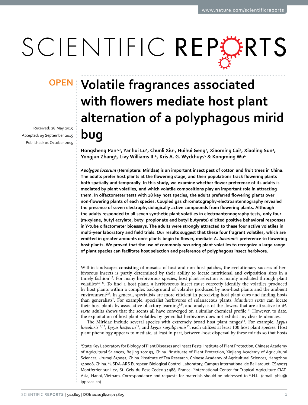 Volatile Fragrances Associated with Flowers Mediate Host Plant Alternation of a Polyphagous Mirid
