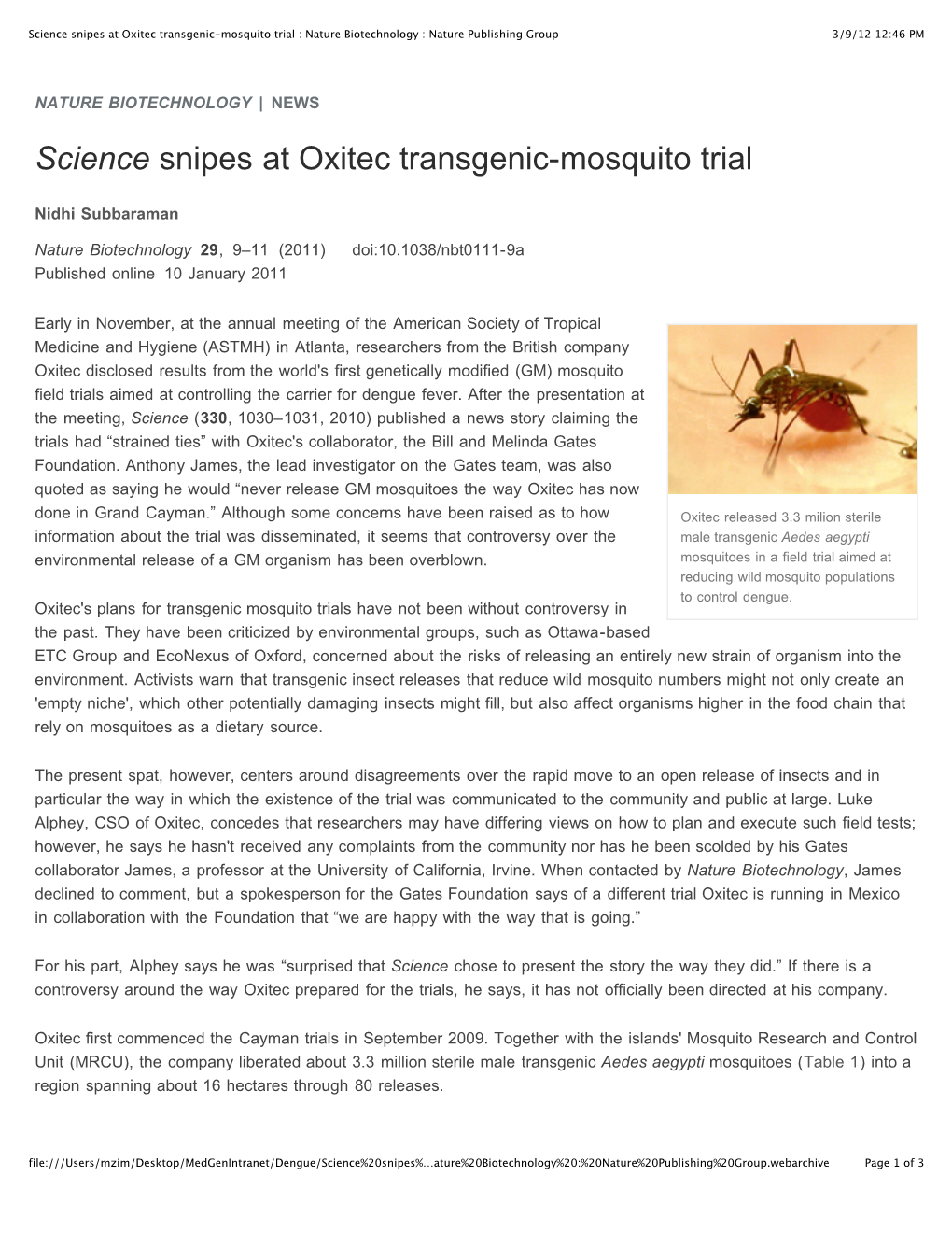 Science Snipes at Oxitec Transgenic-Mosquito Trial Nature Biotechnology