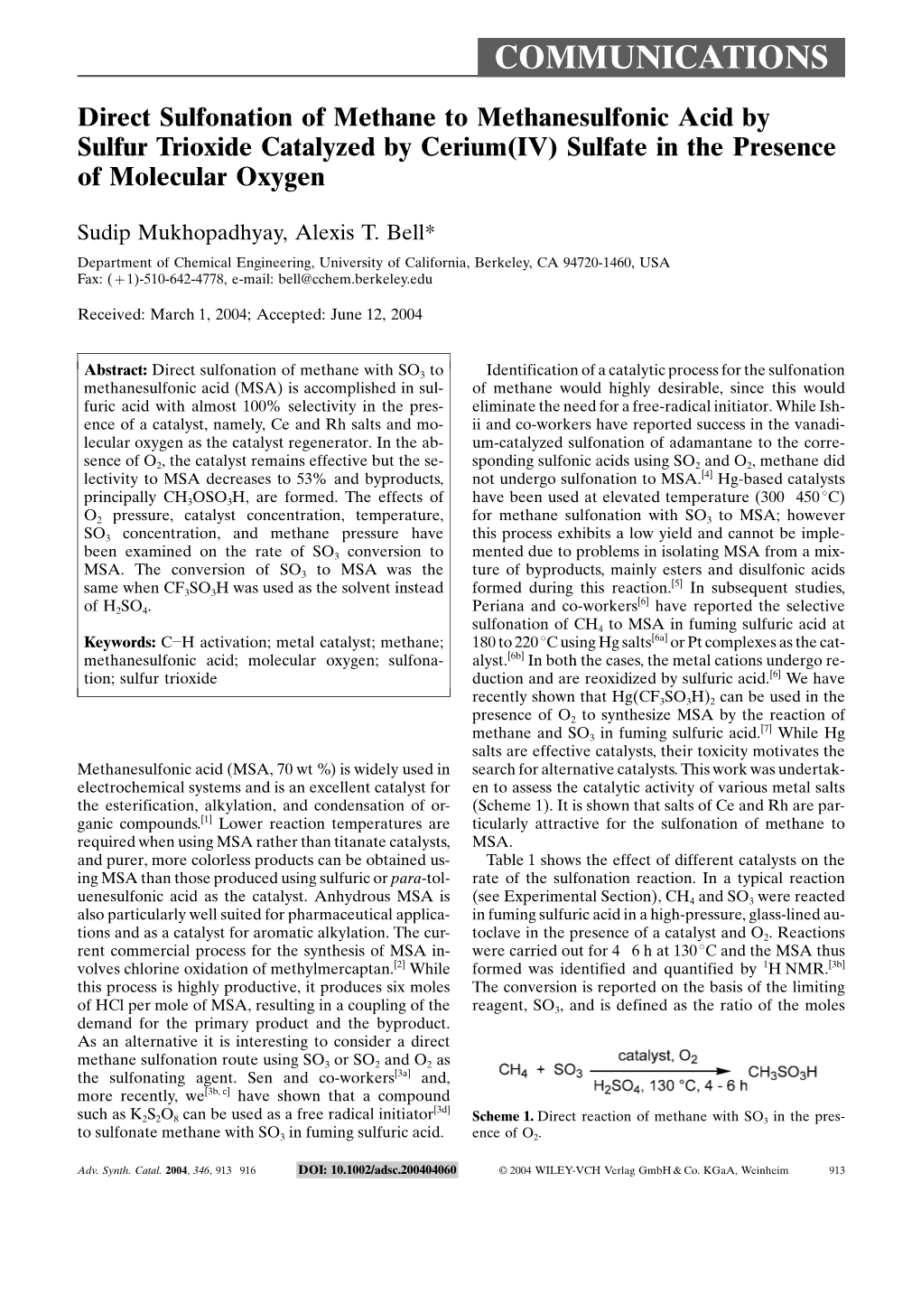 Direct Sulfonation of Methane to Methanesulfonic Acid by Sulfur Trioxide Catalyzed by Cerium(IV) Sulfate in the Presence of Molecular Oxygen