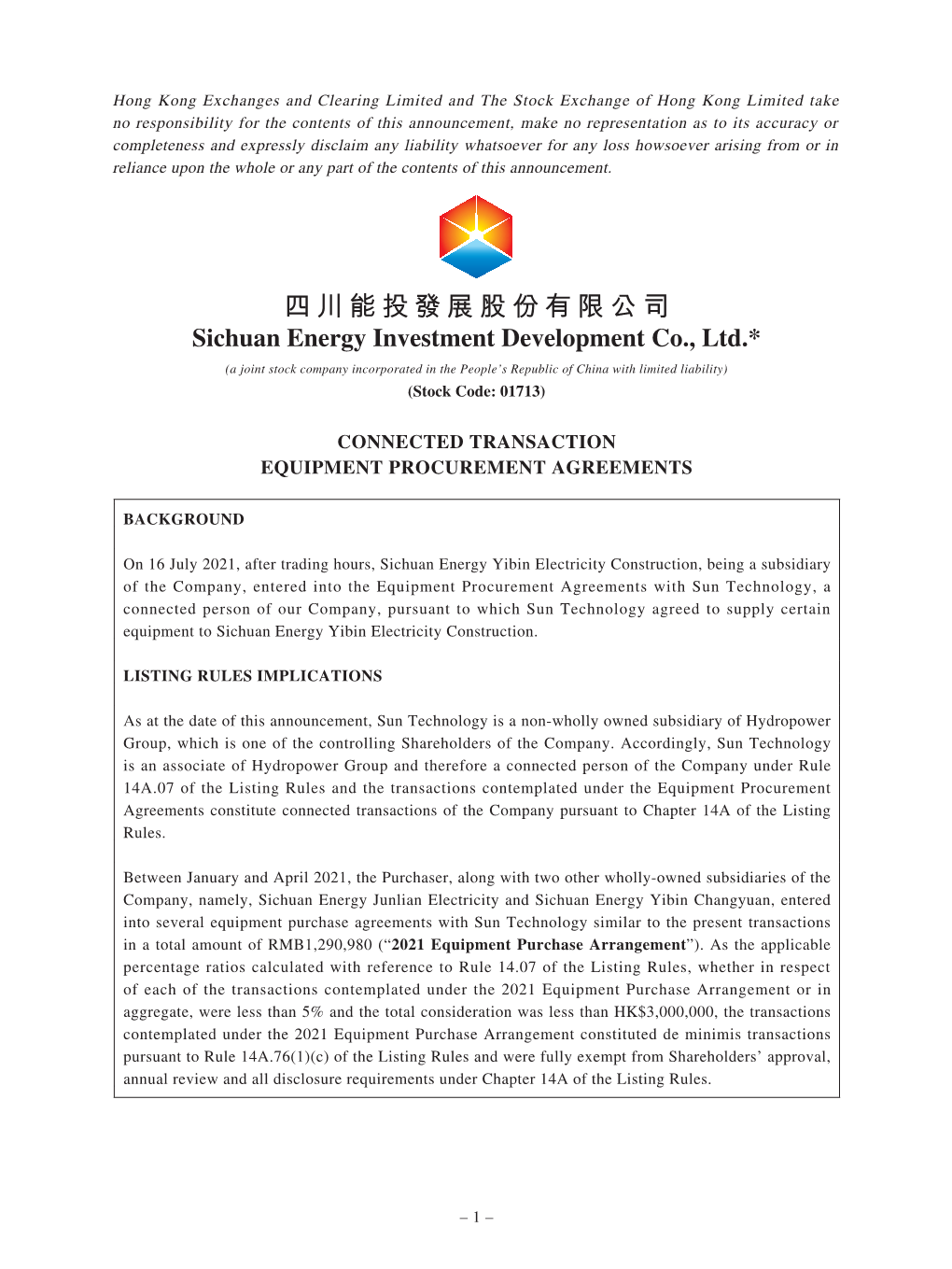 Connected Transaction Equipment Procurement Agreements