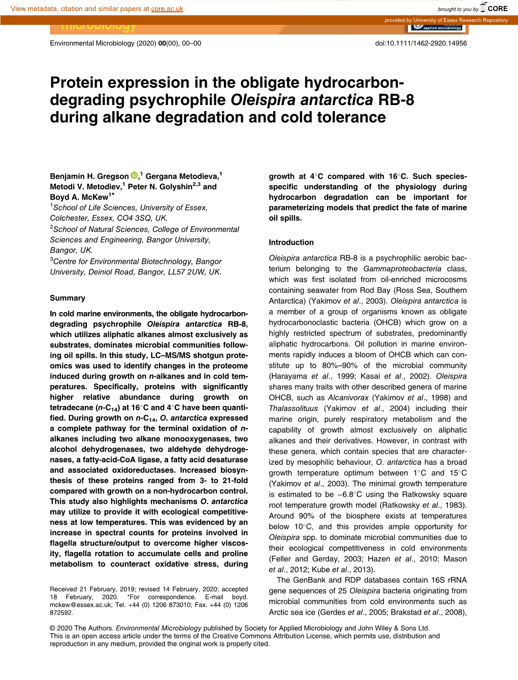 Protein Expression in the Obligate Hydrocarbon‐Degrading Psychrophile Oleispira Antarctica RB‐8 During Alkane Degradation An