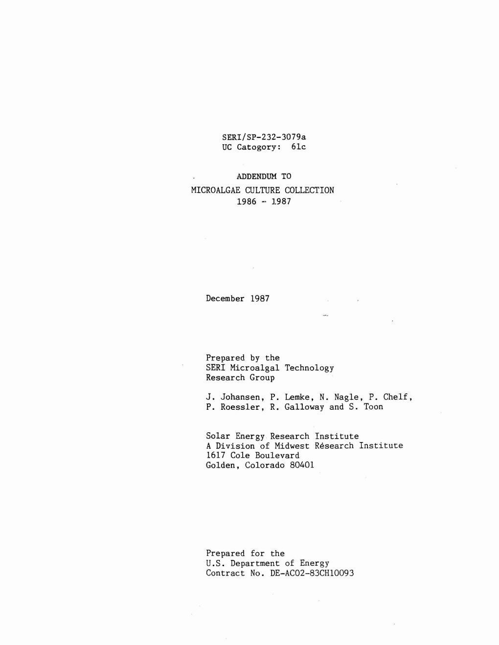 Addendum to Microalgae Culture Collection 1986