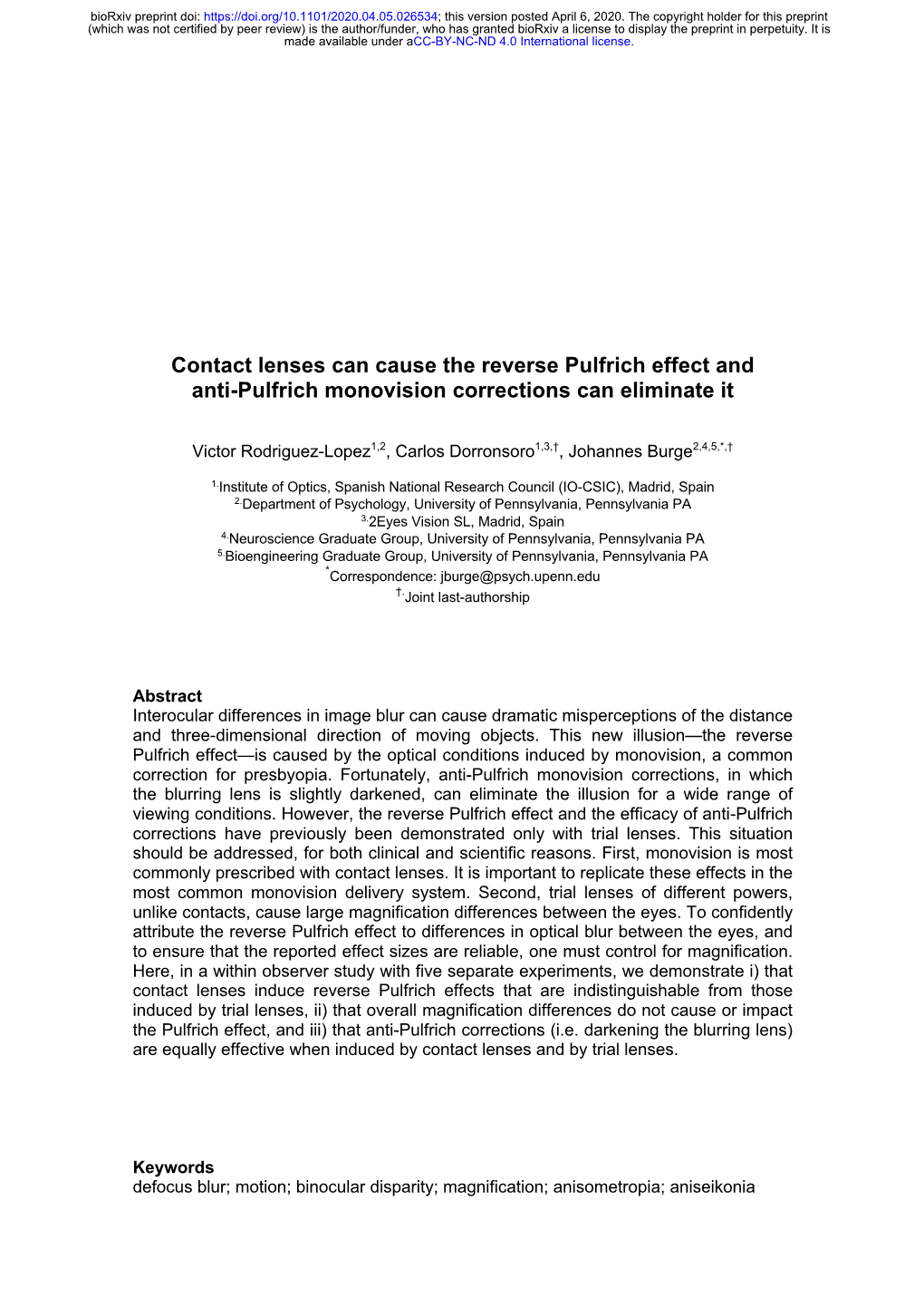 Contact Lenses Can Cause the Reverse Pulfrich Effect and Anti-Pulfrich Monovision Corrections Can Eliminate It