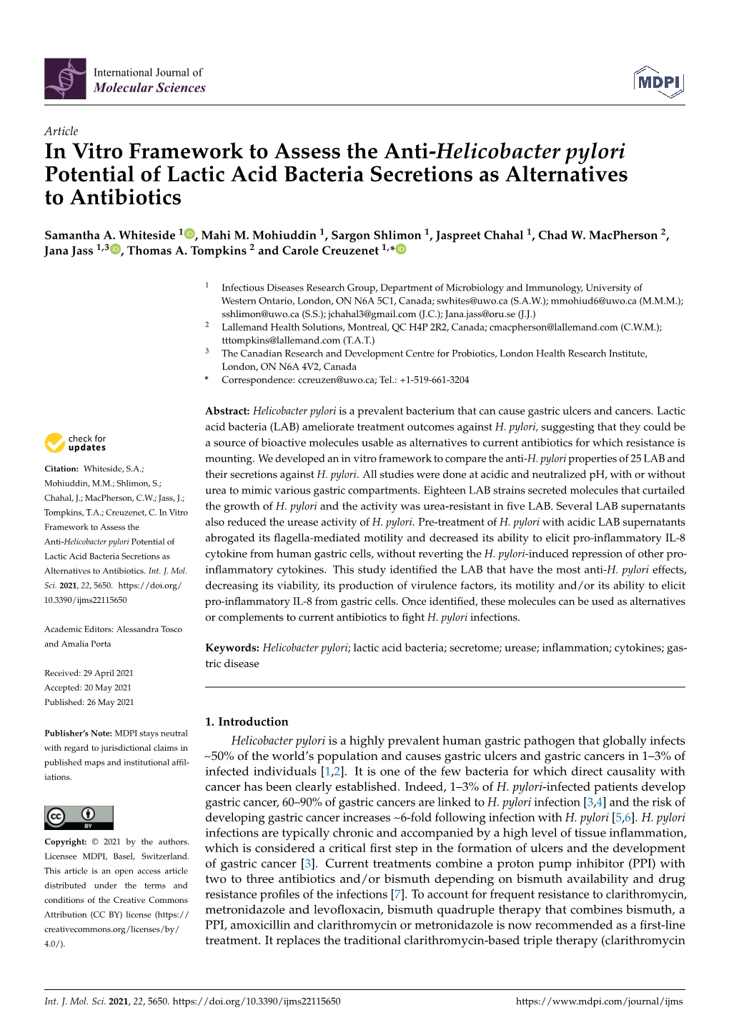 In Vitro Framework to Assess the Anti-Helicobacter Pylori Potential of Lactic Acid Bacteria Secretions As Alternatives to Antibiotics