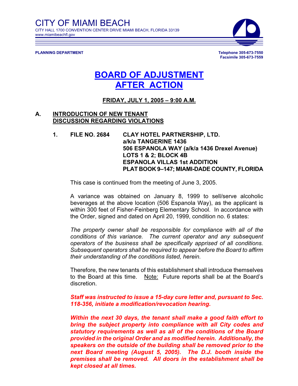 City of Miami Beach Board of Adjustment After Action