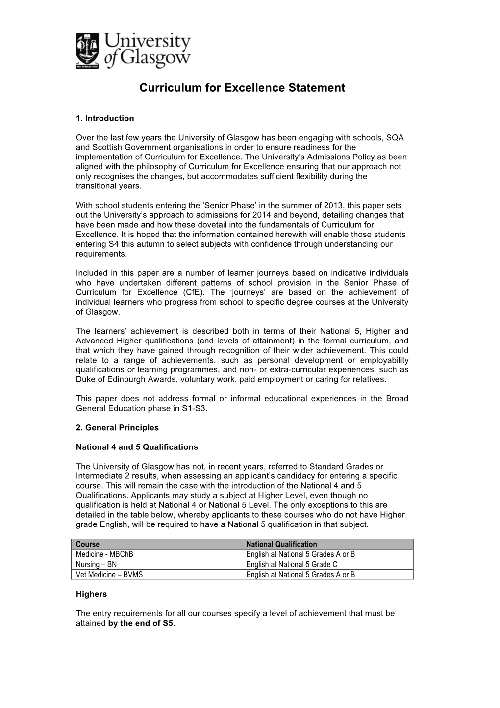 Curriculum for Excellence Statement