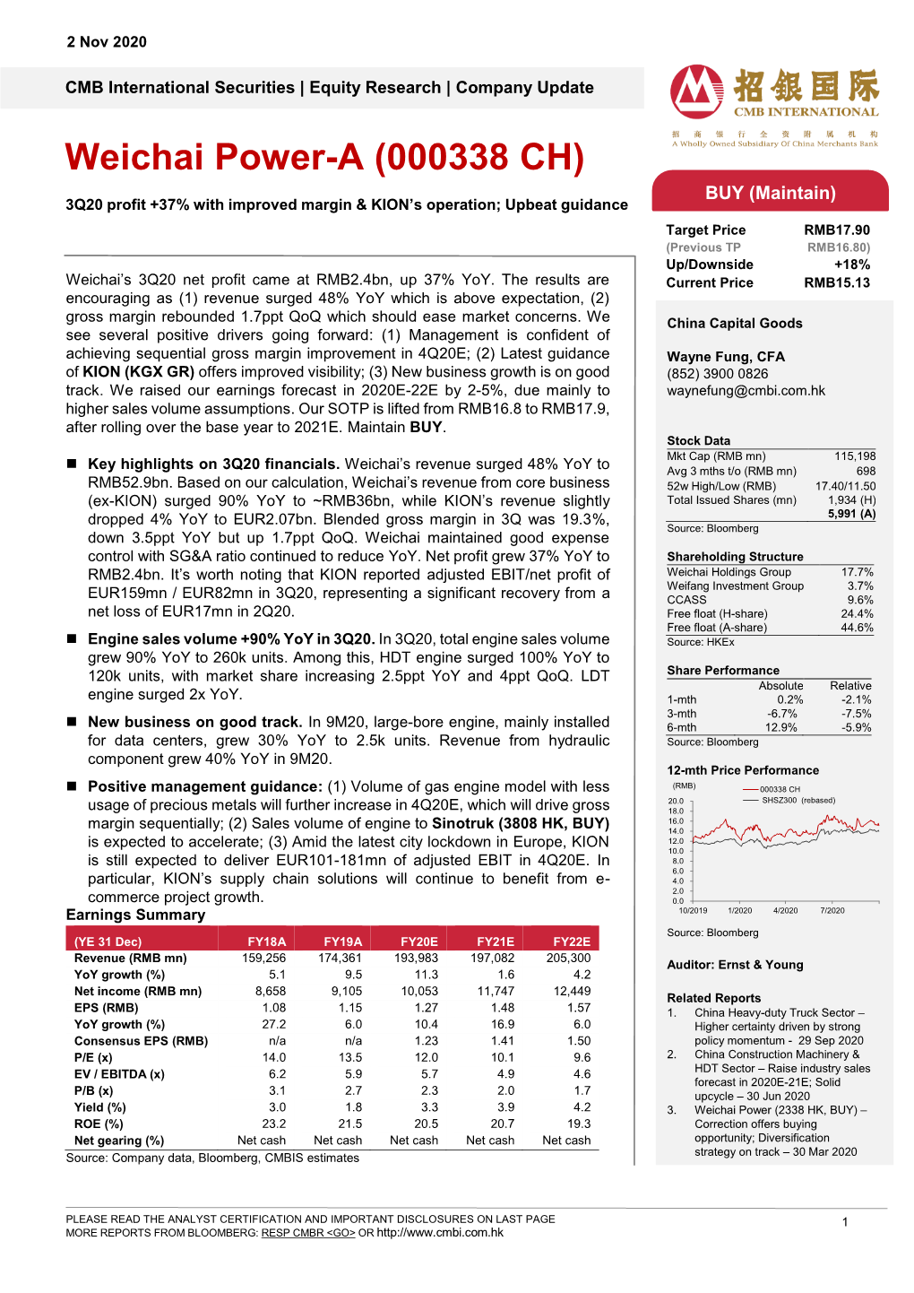 Weichai Power-A (000338 CH) BUY (Maintain) 3Q20 Profit +37% with Improved Margin & KION’S Operation; Upbeat Guidance