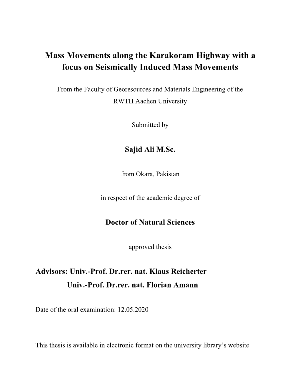 Mass Movements Along the Karakoram Highway with a Focus on Seismically Induced Mass Movements