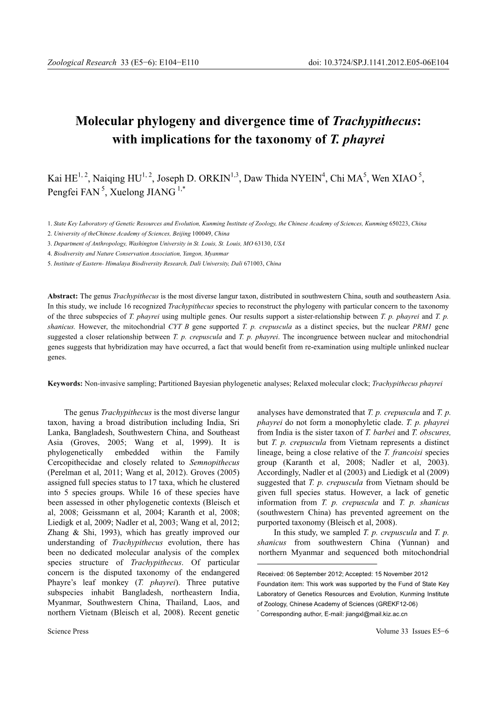 Molecular Phylogeny and Divergence Time of Trachypithecus: with Implications for the Taxonomy of T