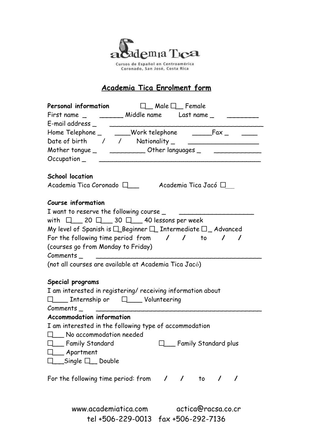 Academia Tica Enrolment Form
