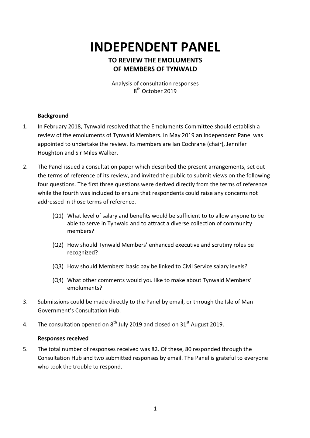 Tynwald Emoluments Analysis of Consultation