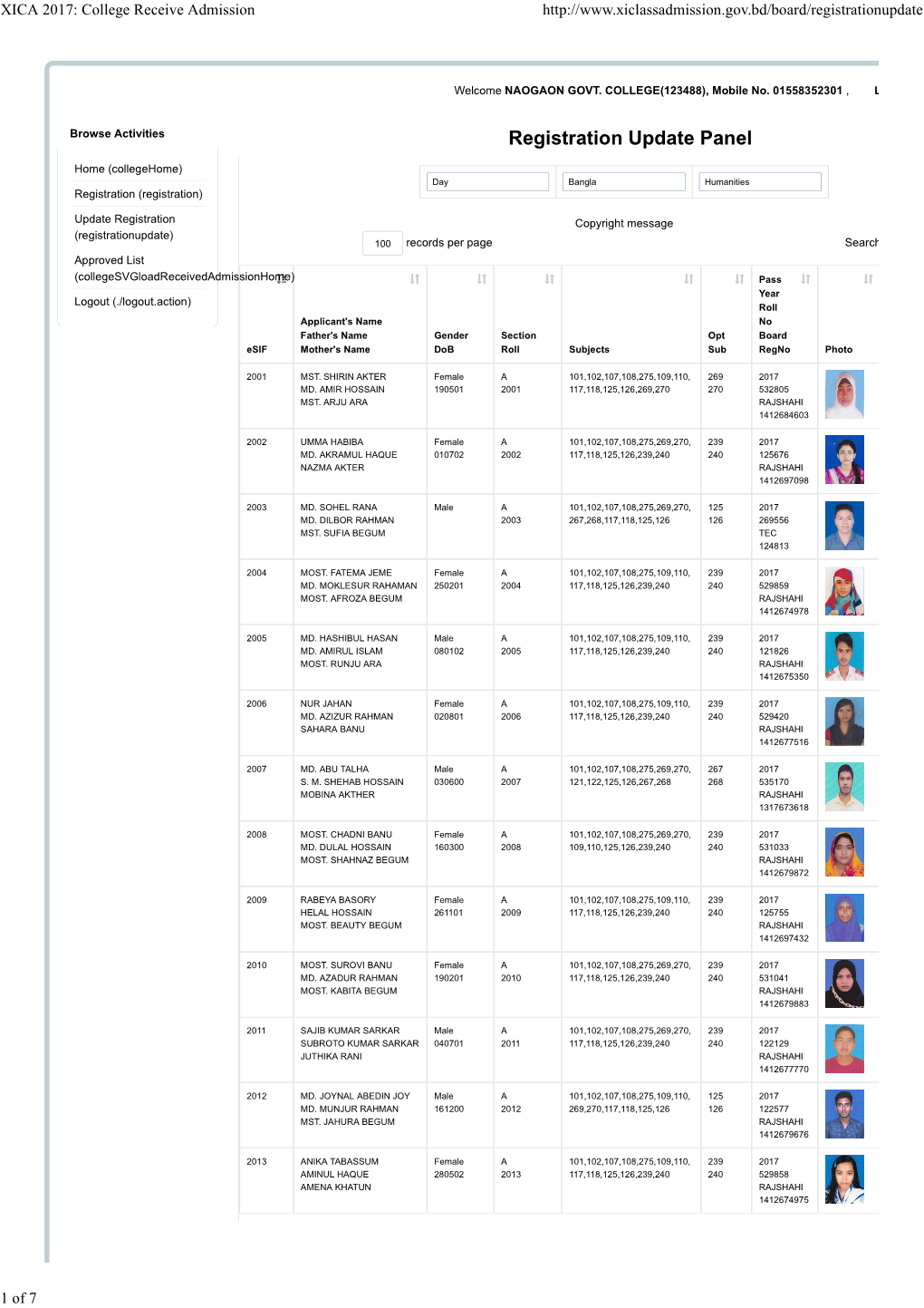 Registration Update Panel