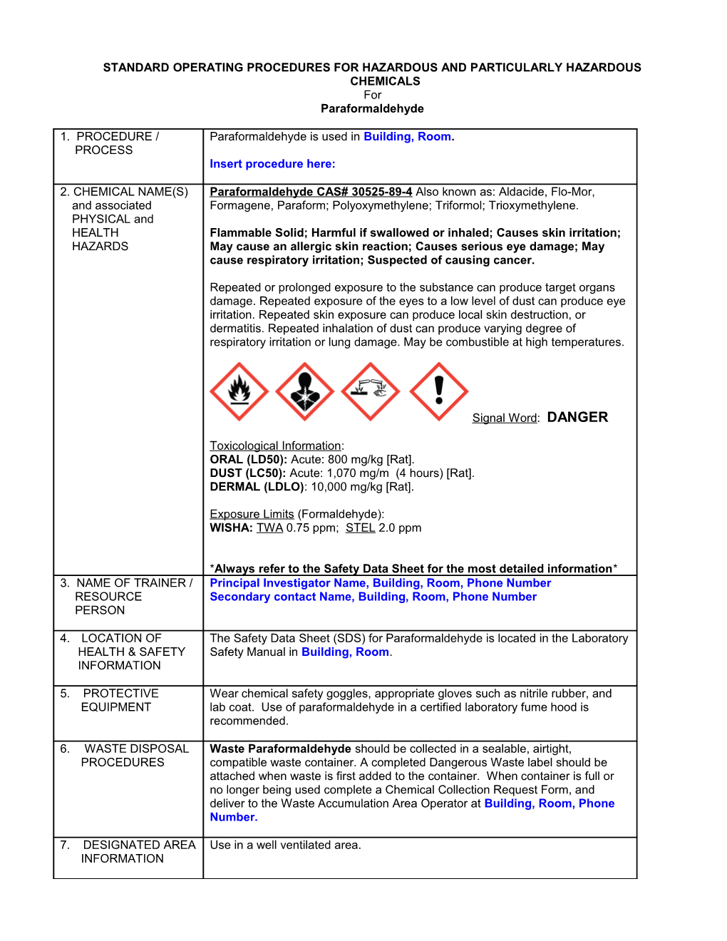 Standard Operating Procedures for Hazardous Chemicals