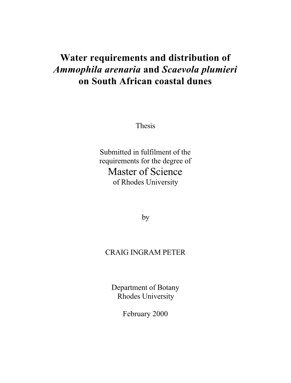 Water Requirements and Distribution of Ammophila Arenaria and Scaevola Plumieri on South African Coastal Dunes