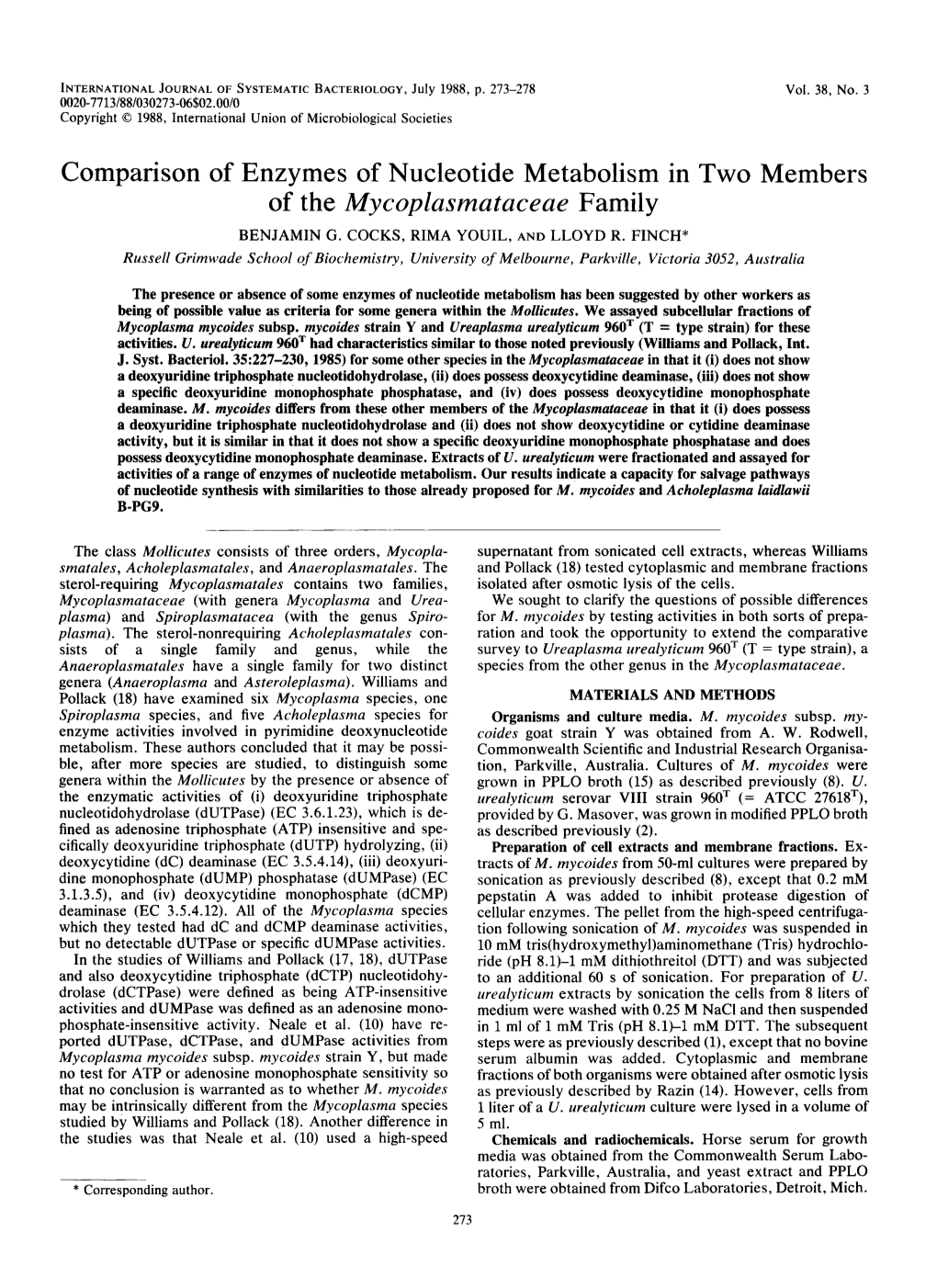 Comparison of Enzymes of Nucleotide Metabolism in Two Members of the Mycoplasmataceae Family