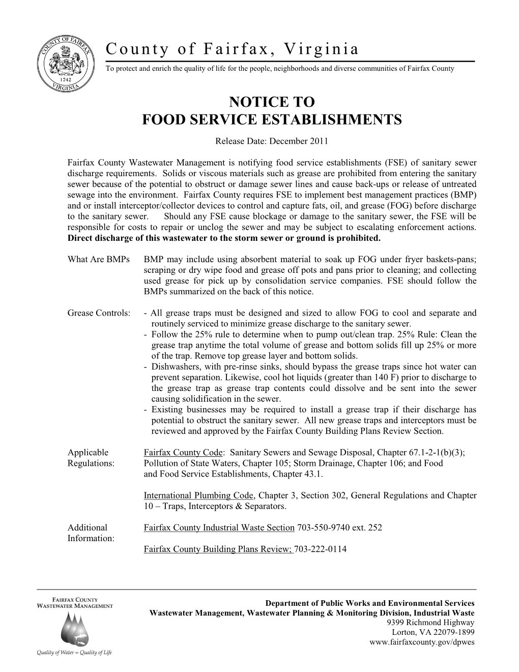 Notice to Food Establishments About