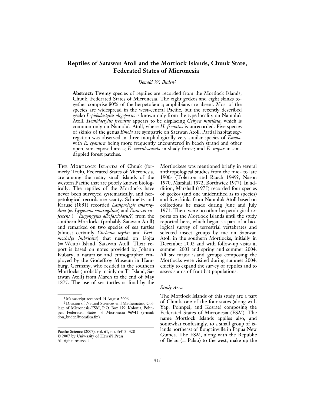 Reptiles of Satawan Atoll and the Mortlock Islands, Chuuk State, Federated States of Micronesia1