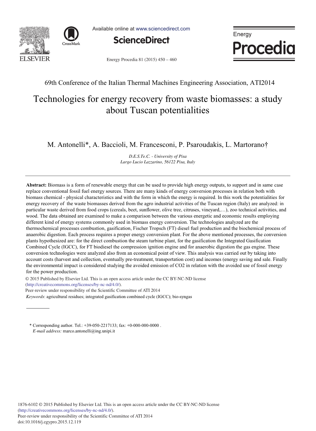 Technologies for Energy Recovery from Waste Biomasses: a Study About Tuscan Potentialities