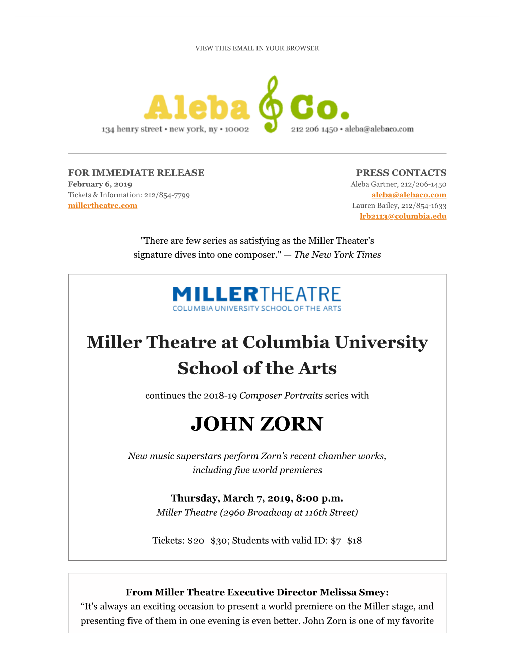 Miller Theatre Presents a Composer Portrait of JOHN ZORN