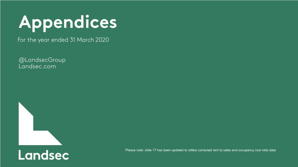 Please Note: Slide 17 Has Been Updated to Reflect Corrected Rent to Sales and Occupancy Cost Ratio Data Landsec ─ Appendices 1 Contents