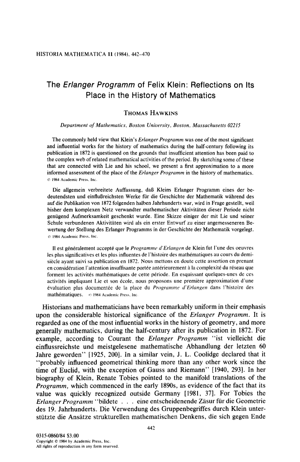 Of Felix Klein: Reflections on Its Place in the History of Mathematics