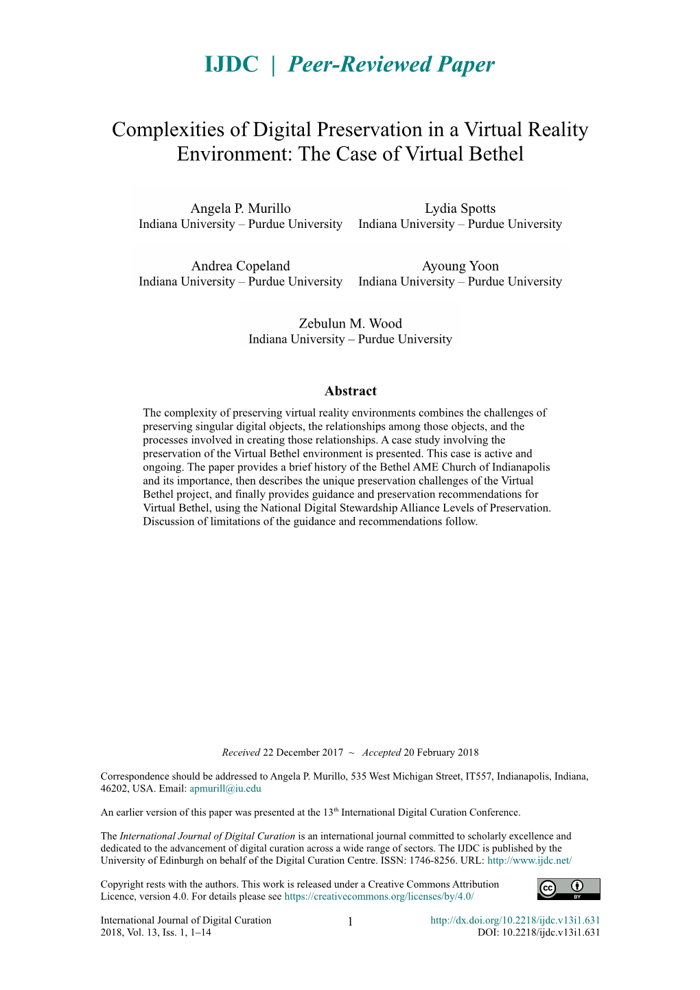 Complexities of Digital Preservation in a Virtual Reality Environment: the Case of Virtual Bethel