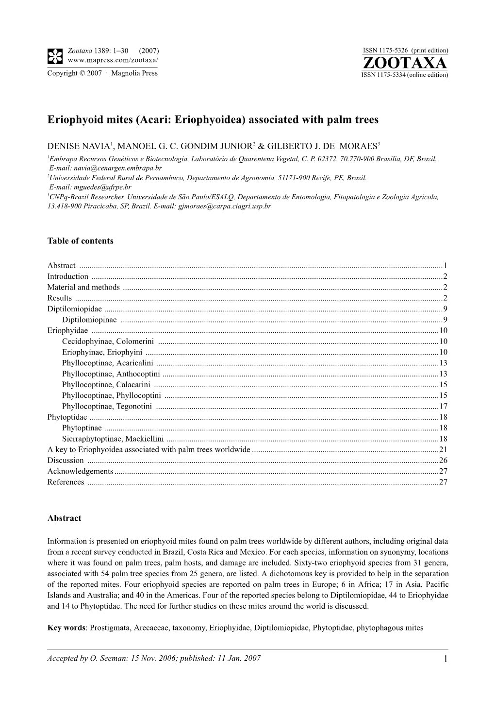 Zootaxa 1389: 1–30 (2007) ISSN 1175-5326 (Print Edition) ZOOTAXA Copyright © 2007 · Magnolia Press ISSN 1175-5334 (Online Edition)