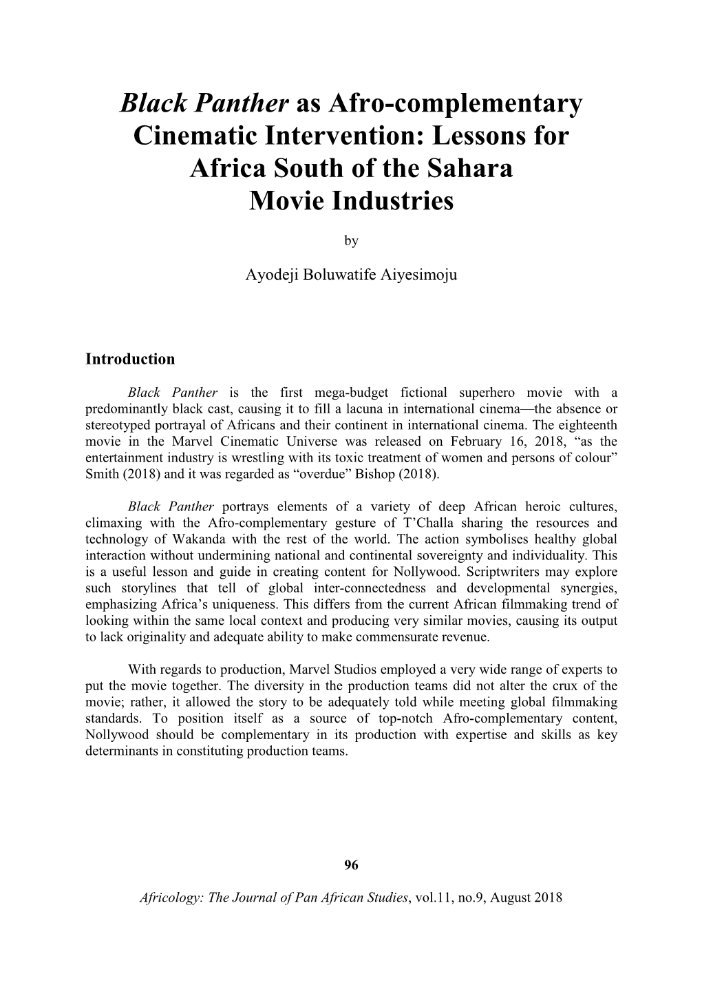 Black Panther As Afro-Complementary Cinematic Intervention: Lessons for Africa South of the Sahara Movie Industries