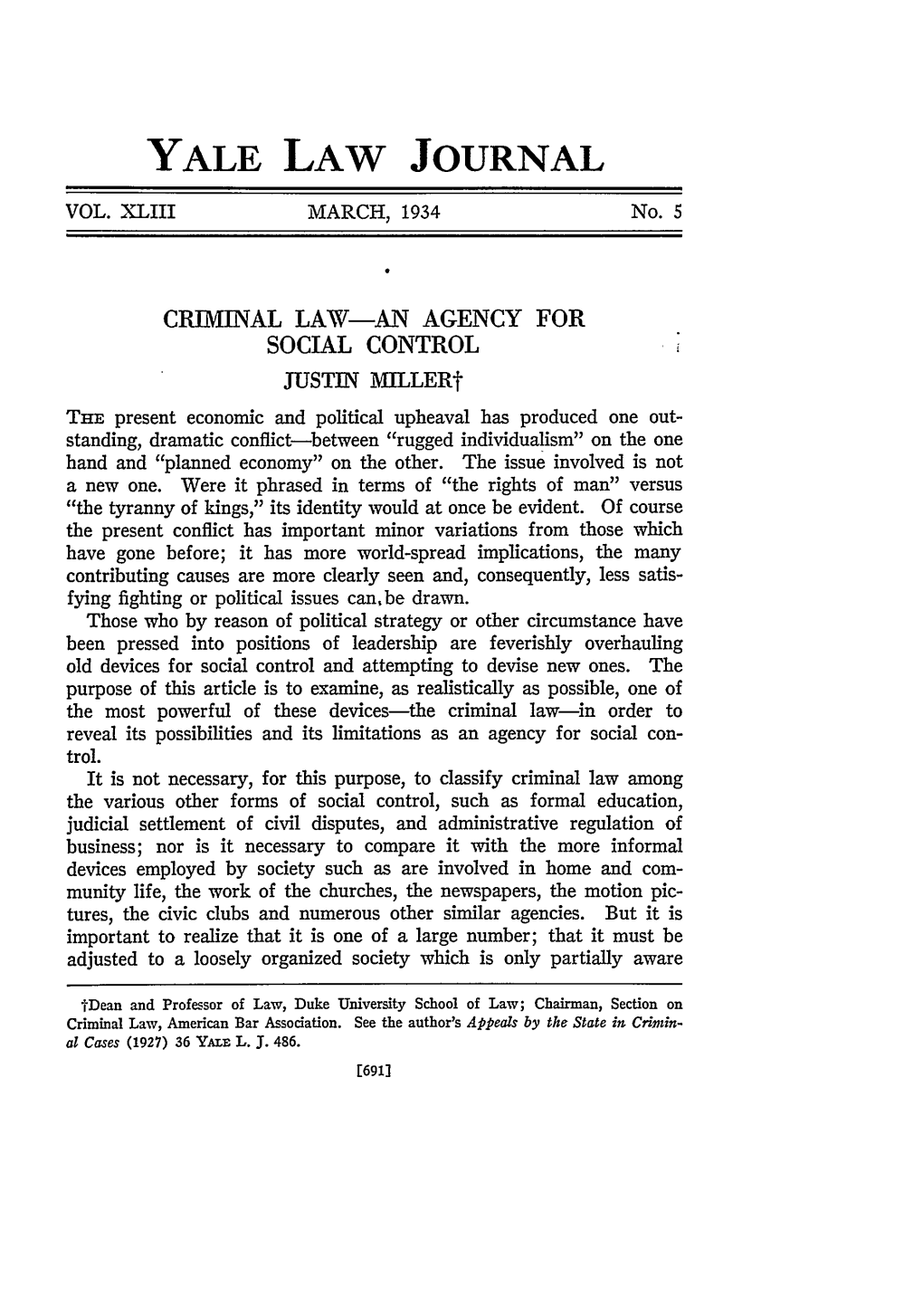 Criminal Law—An Agency for Social Control