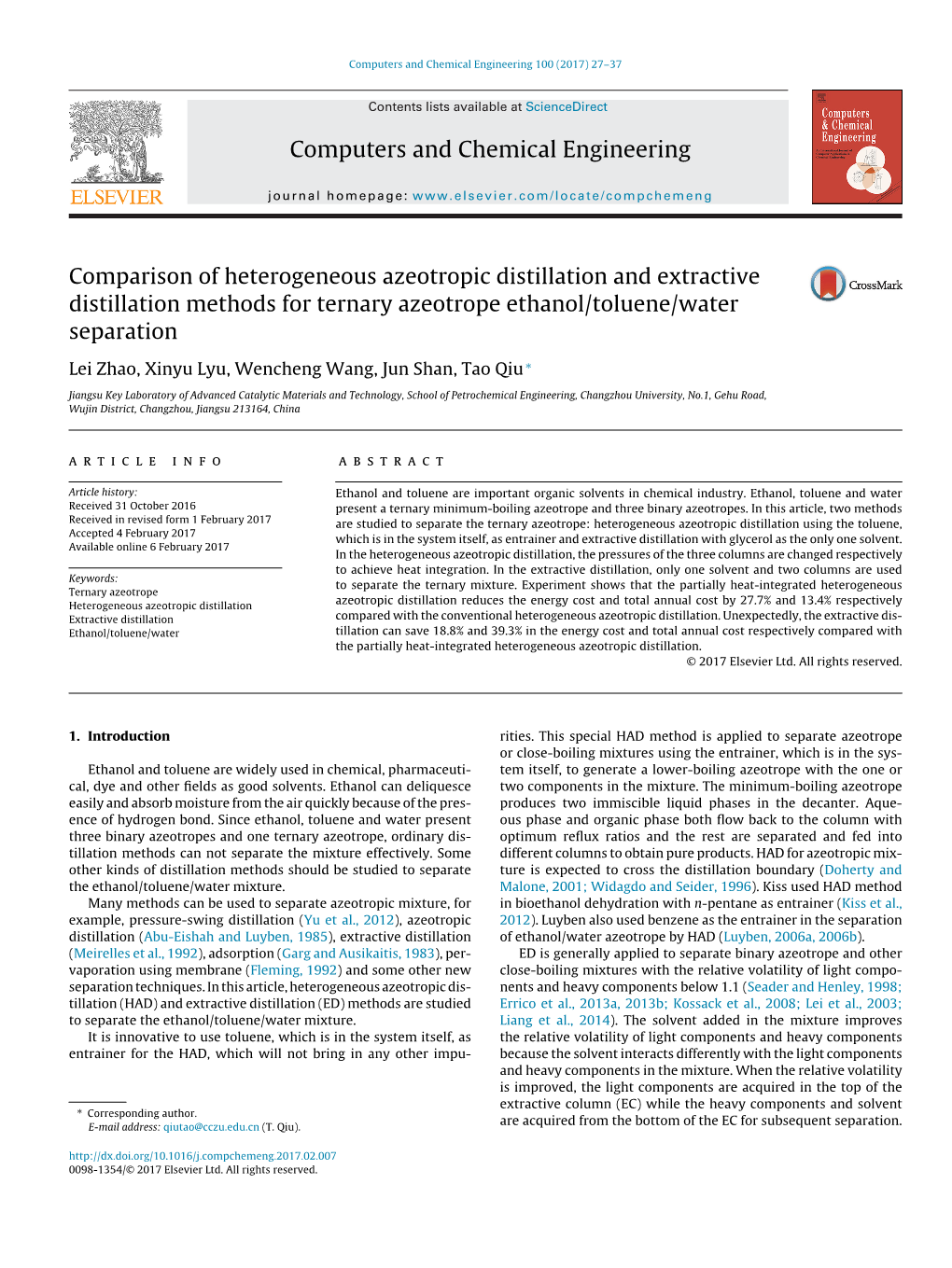 Comparison of Heterogeneous Azeotropic Distillation and Extractive