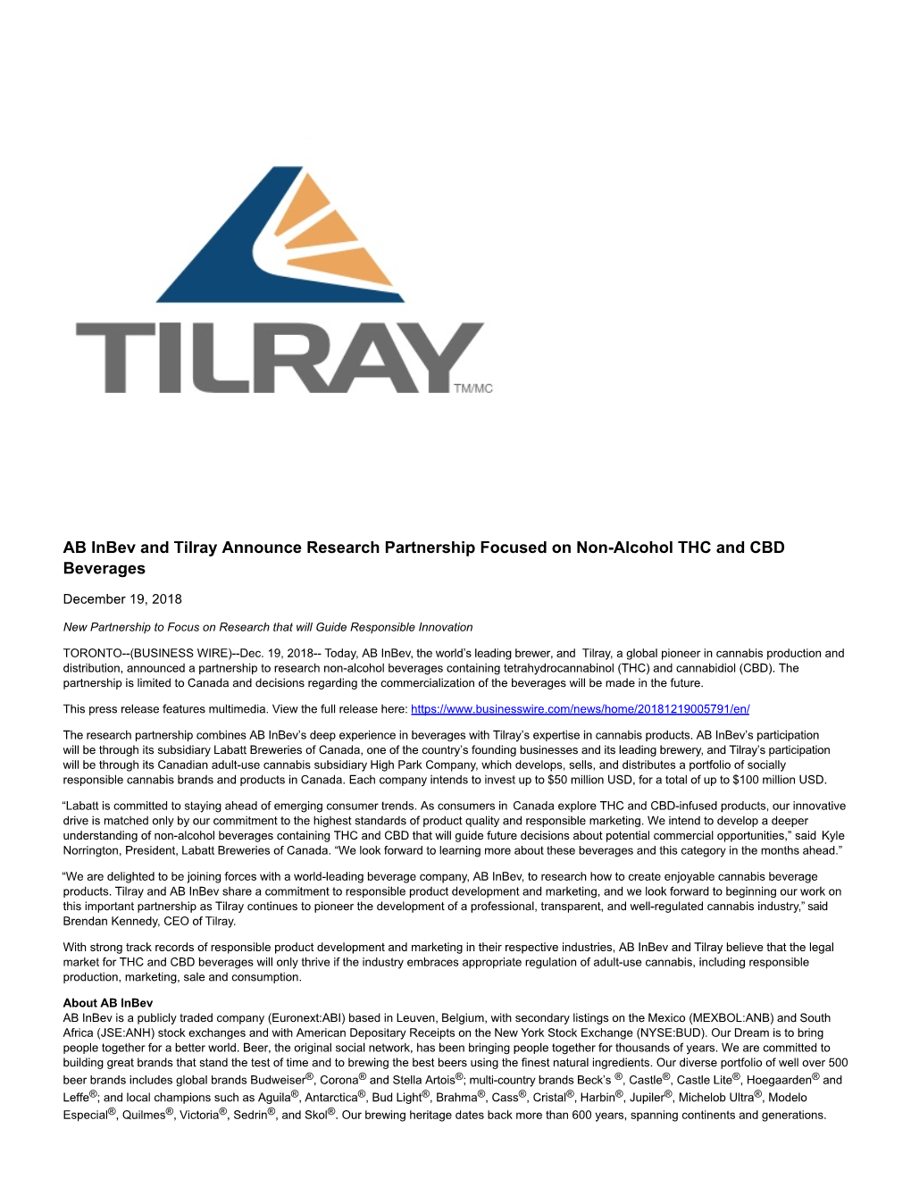 AB Inbev and Tilray Announce Research Partnership Focused on Non-Alcohol THC and CBD Beverages