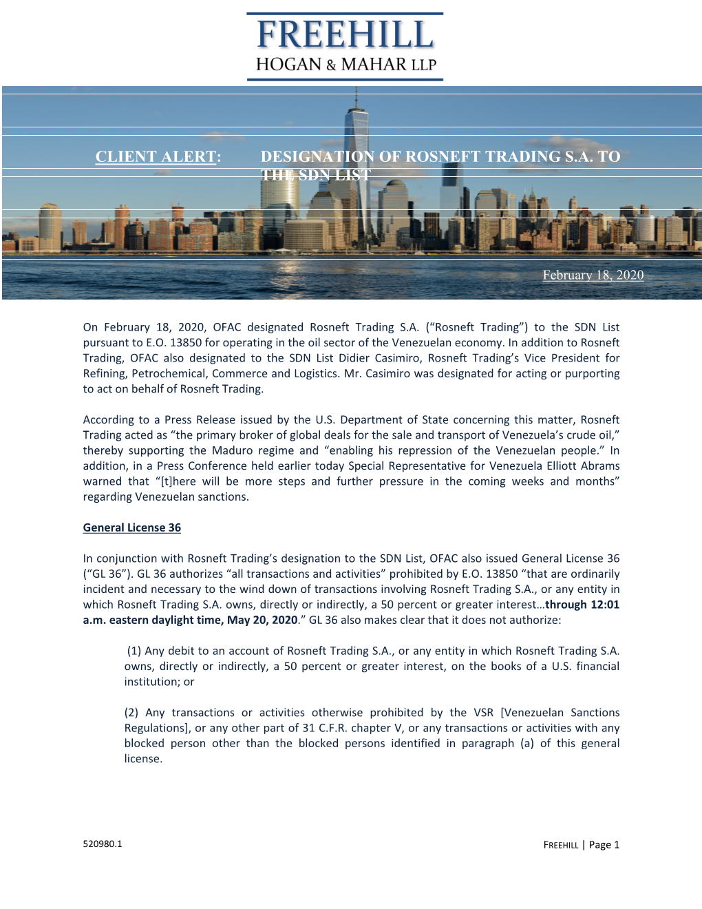 Designation of Rosneft Trading Sa to the Sdn List