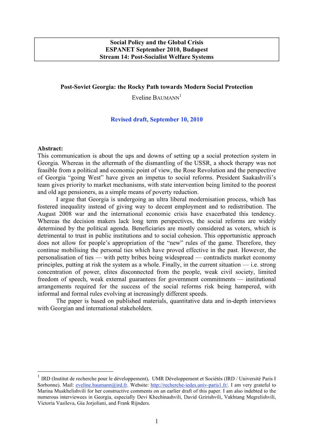 Post-Soviet Georgia: the Rocky Path Towards Modern Social Protection 1 Eveline BAUMANN