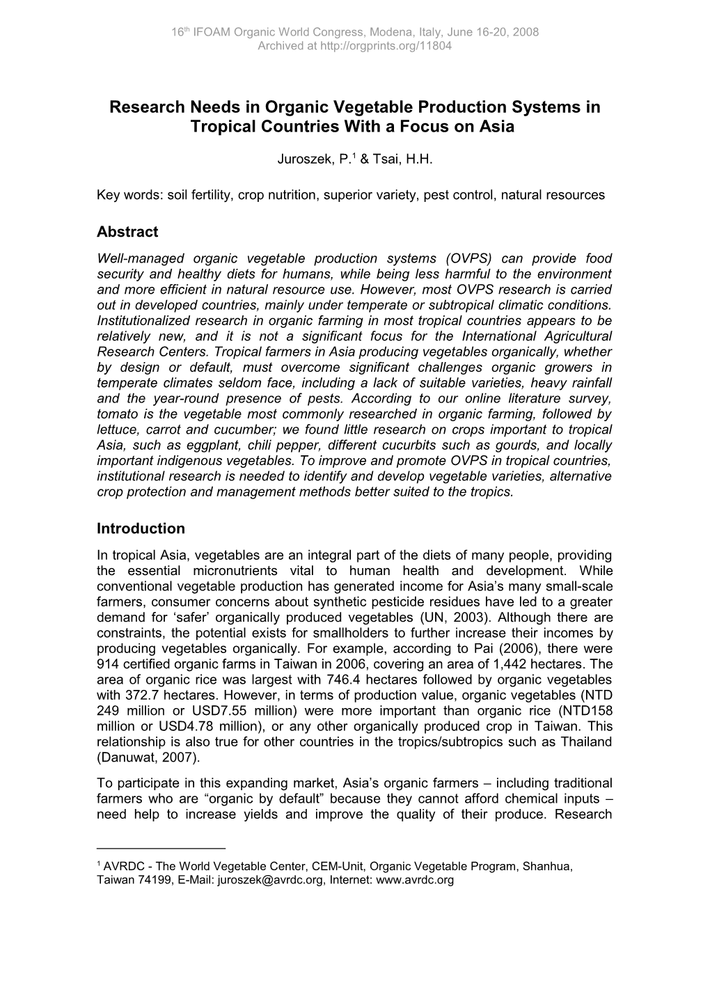 Research Needs in Organic Vegetable Production Systems in Tropical Countries with a Focus