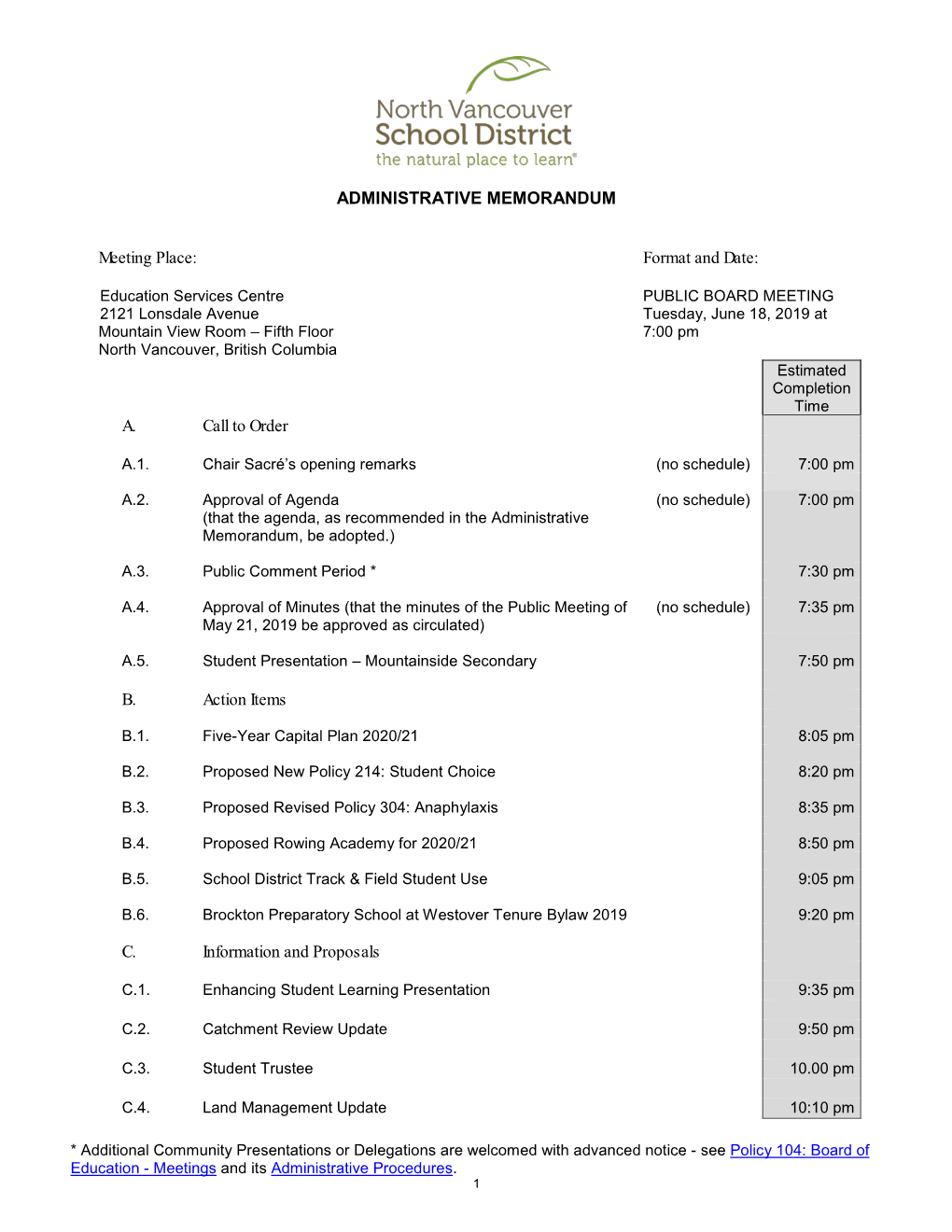 ADMINISTRATIVE MEMORANDUM Meeting Place