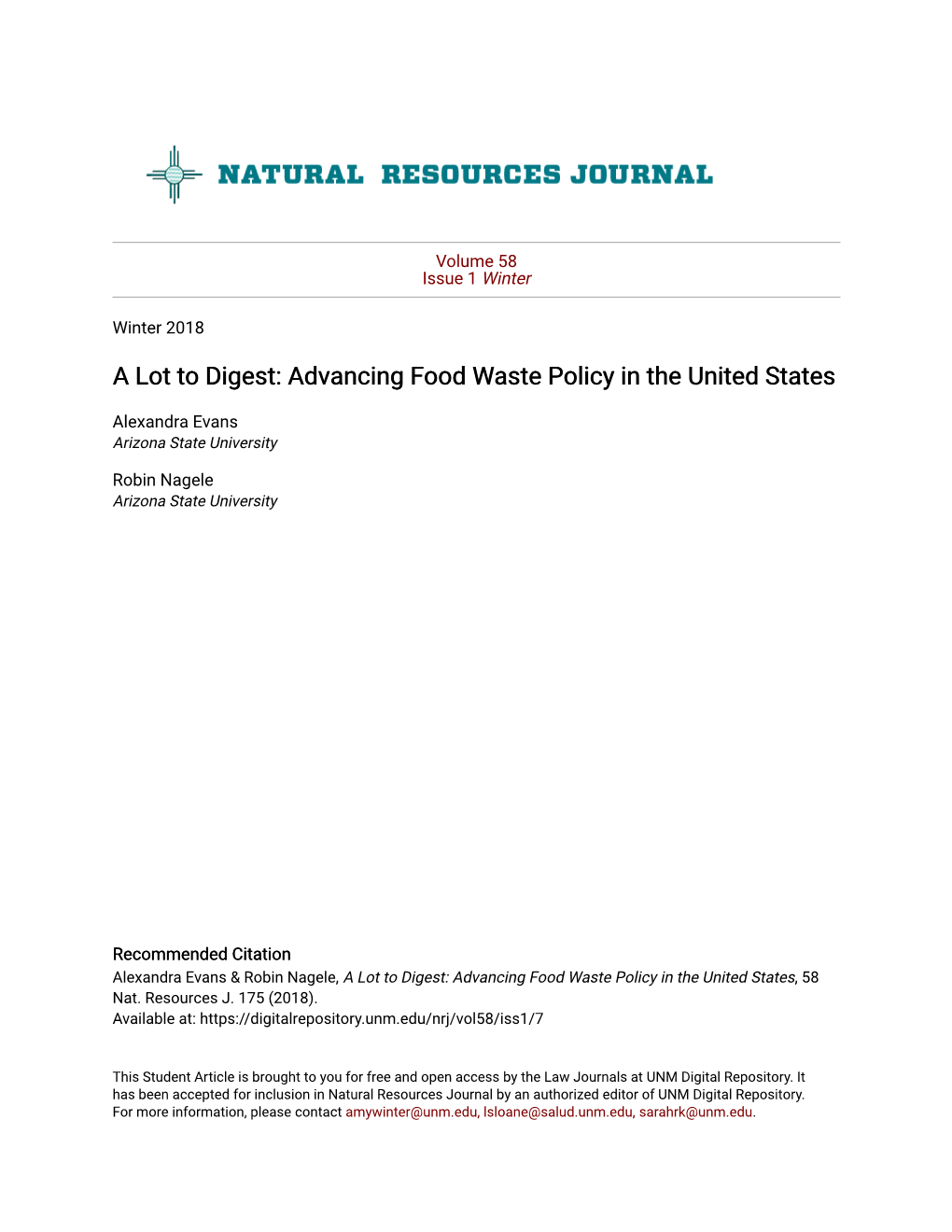 A Lot to Digest: Advancing Food Waste Policy in the United States