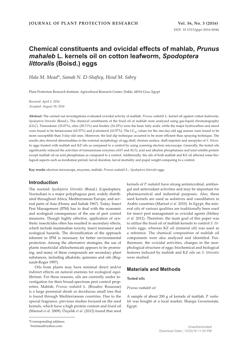 Chemical Constituents and Ovicidal Effects of Mahlab, Prunus Mahaleb L. Kernels Oil on Cotton Leafworm, Spodoptera Littoralis (Boisd.) Eggs