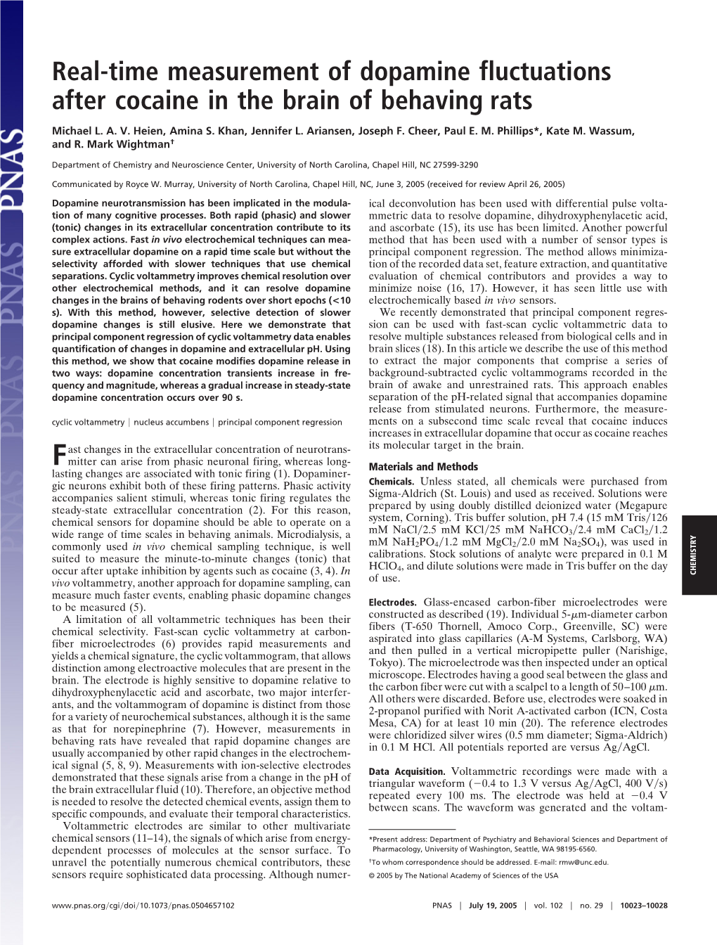 Real-Time Measurement of Dopamine Fluctuations After Cocaine in the Brain of Behaving Rats