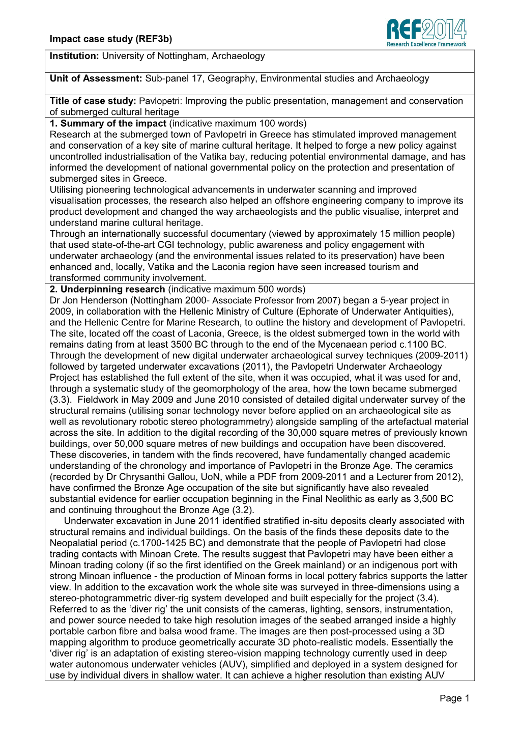 (Ref3b) Page 1 Institution: University of Nottingham, Archaeology Unit of Assessment