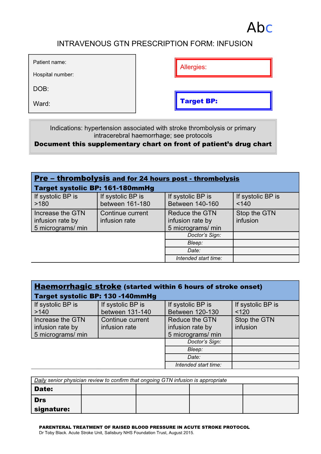 Intravenous Labetolol Prescription Form: Infusion