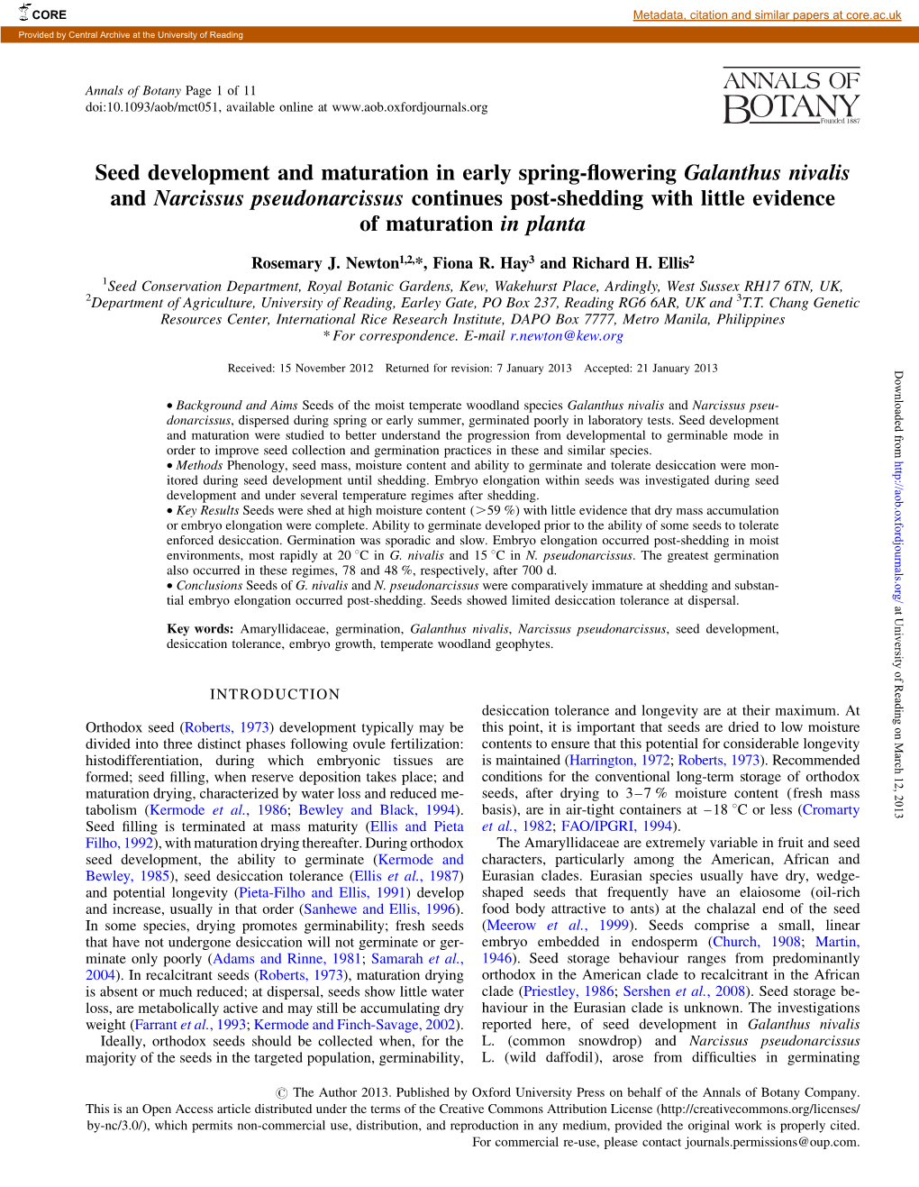 Seed Development and Maturation in Early Spring-Flowering