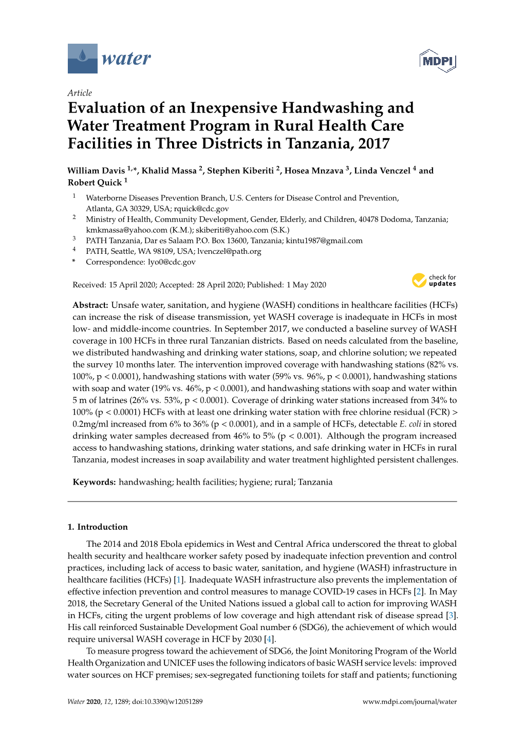 Evaluation of an Inexpensive Handwashing and Water Treatment Program in Rural Health Care Facilities in Three Districts in Tanzania, 2017