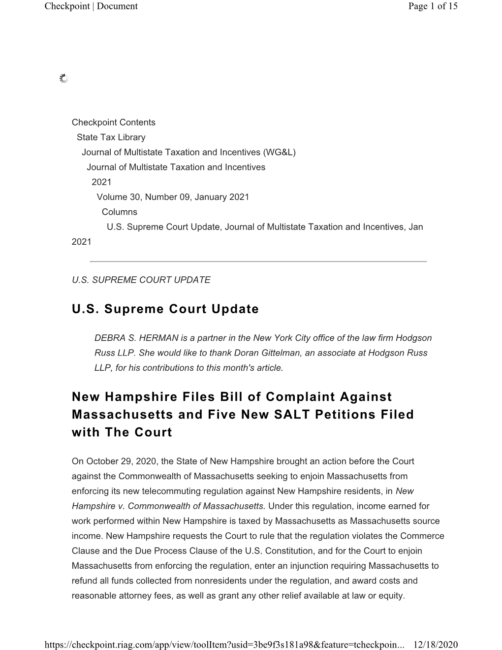 U.S. Supreme Court Update New Hampshire Files Bill of Complaint