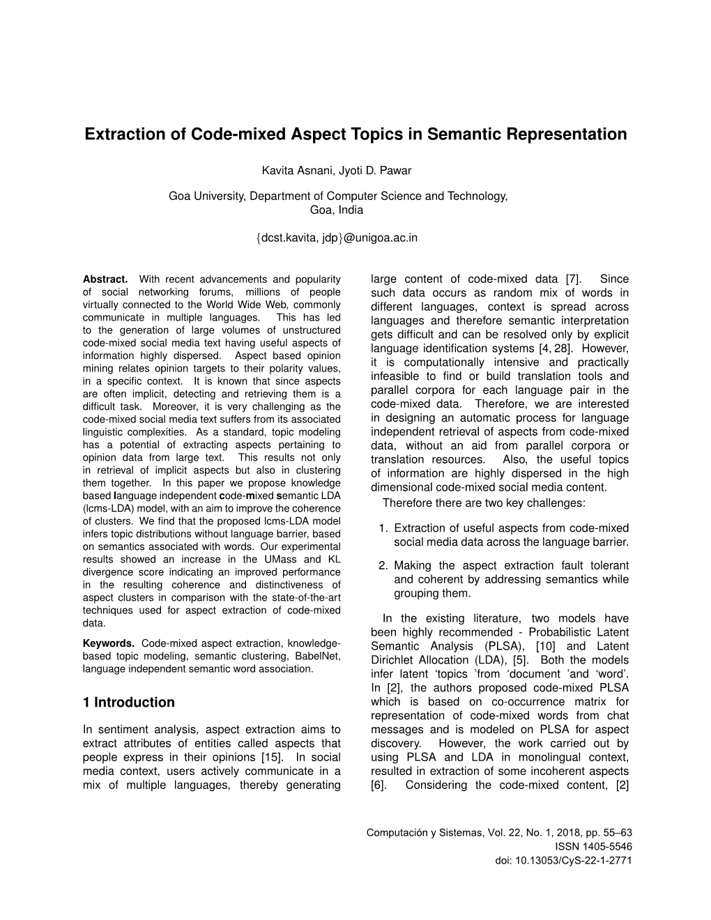 Extraction of Code-Mixed Aspect Topics in Semantic Representation