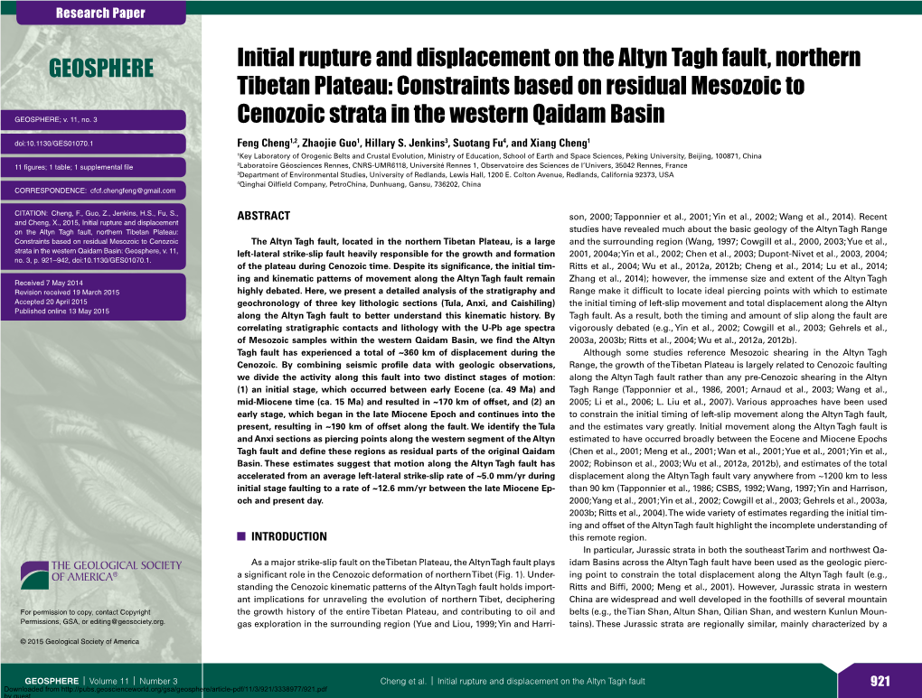 Initial Rupture and Displacement on the Altyn Tagh Fault, Northern Tibetan Plateau: Constraints Based on Residual Mesozoic To