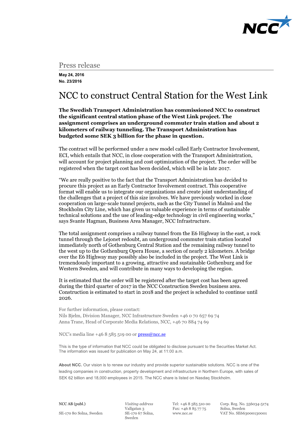 NCC to Construct Central Station for the West Link