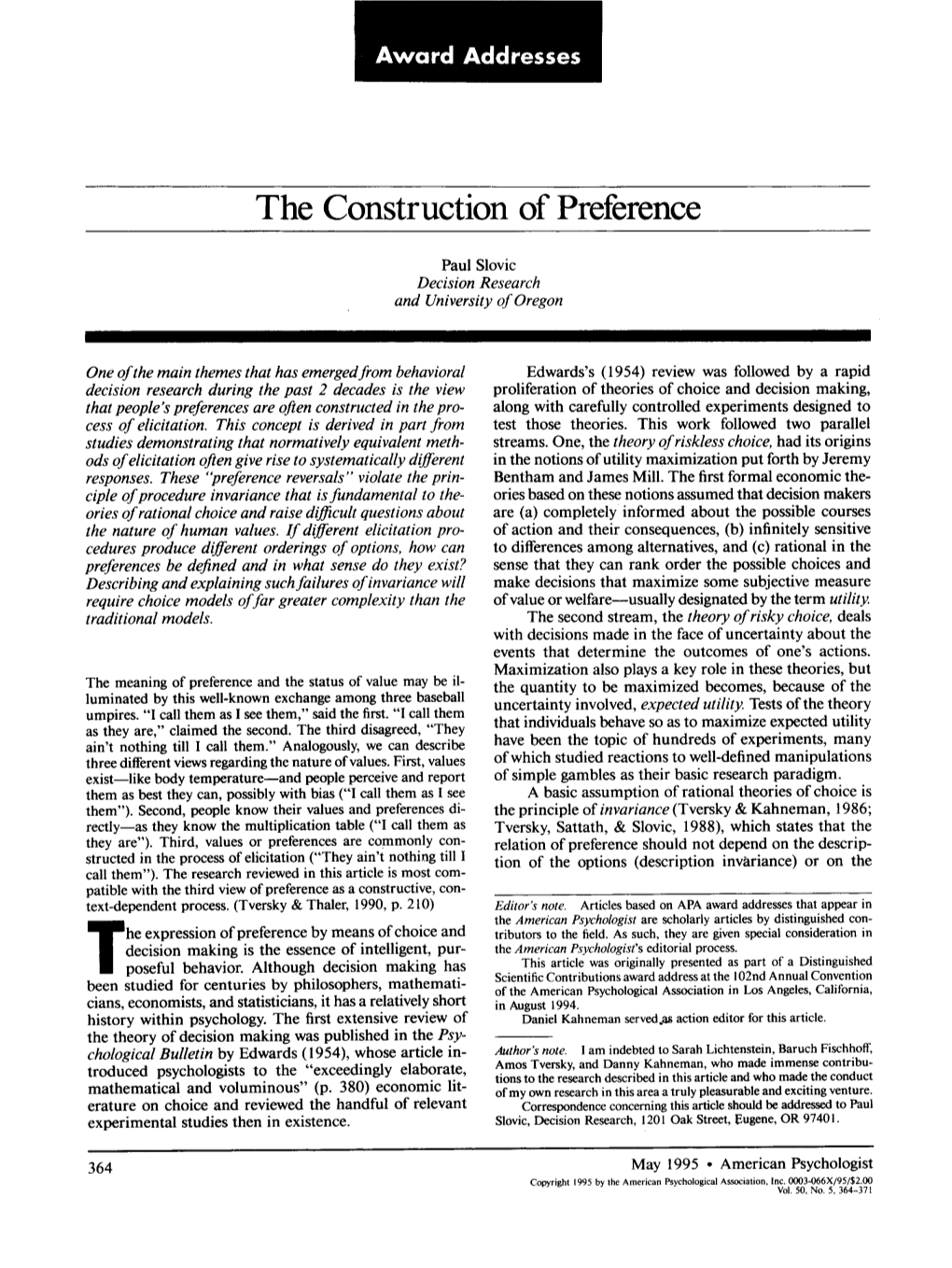 The Construction of Preference