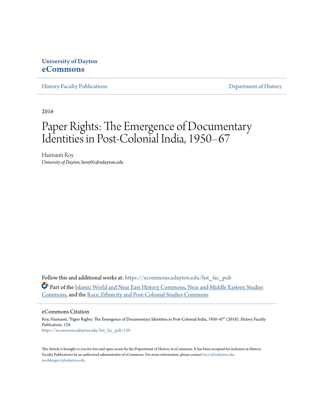 The Emergence of Documentary Identities in Post-Colonial India, 1950–1967